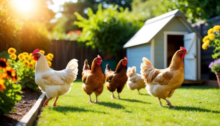 Five chickens in a sunny backyard with a small shed and flowers