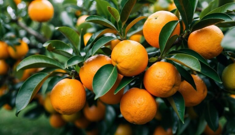 Close-up of orange tree branches with ripe oranges and green leaves