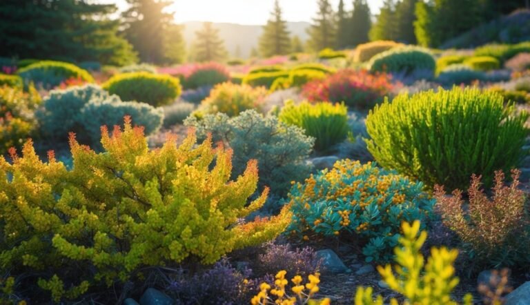 Colorful garden of various shrubs and plants with sunlight