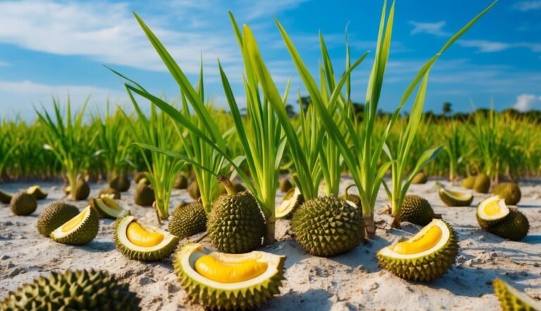 Durian fruit, some cut open, on the ground with tall green plants