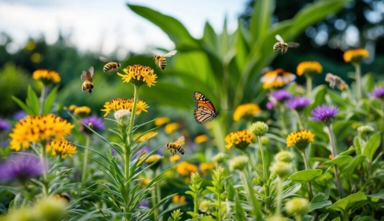 Bees and a monarch butterfly flying around colorful wildflowers