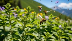 Bees flying over green plants and flowers with a mountain backdrop