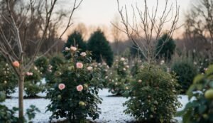 Pink roses blooming in a winter garden with snow on the ground