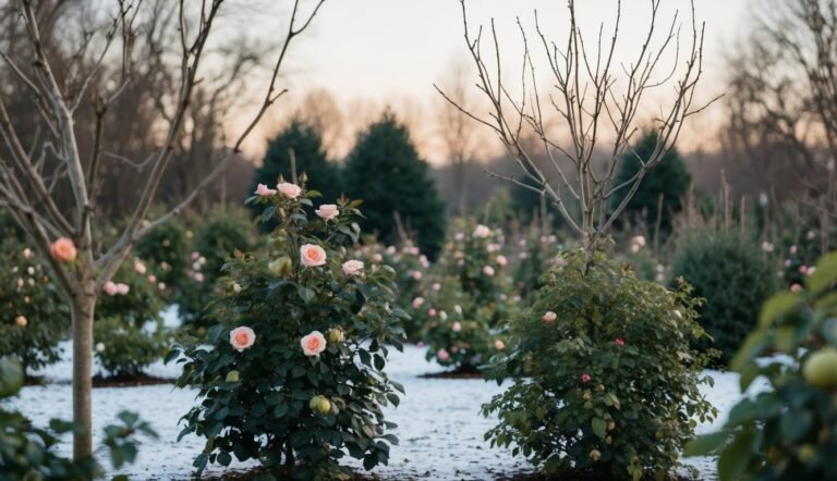 Pink roses blooming in a winter garden with snow on the ground