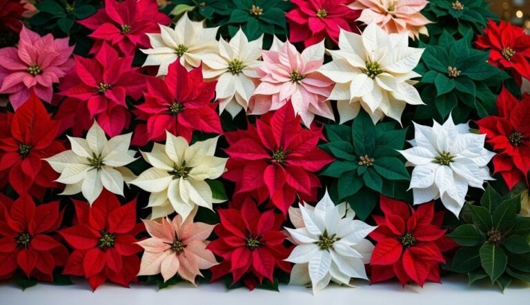 Close-up of a variety of colorful poinsettia flowers in red, white, and pink