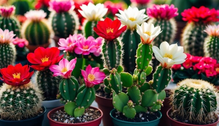 Flowering cacti in pots, with red, pink, and white blossoms