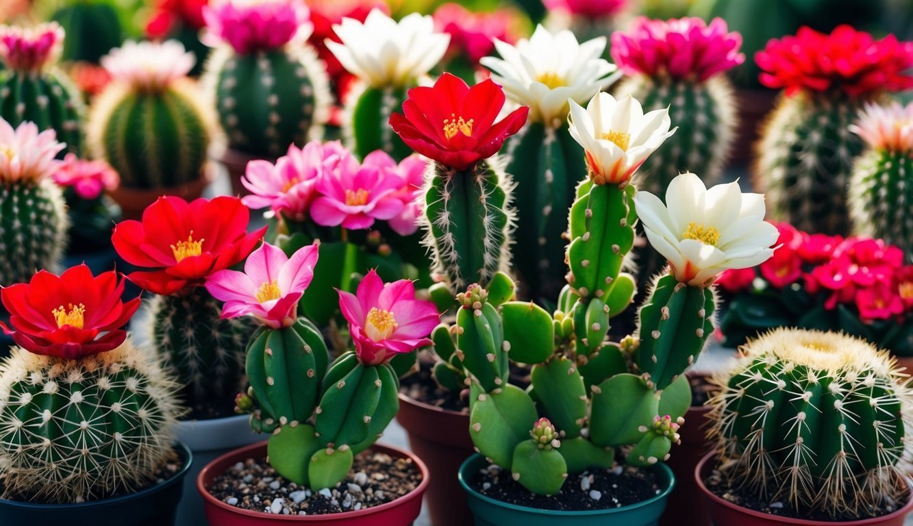 Flowering cacti in pots, with red, pink, and white blossoms