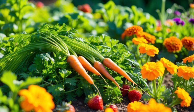 Freshly harvested carrots with green tops, strawberries, and orange flowers