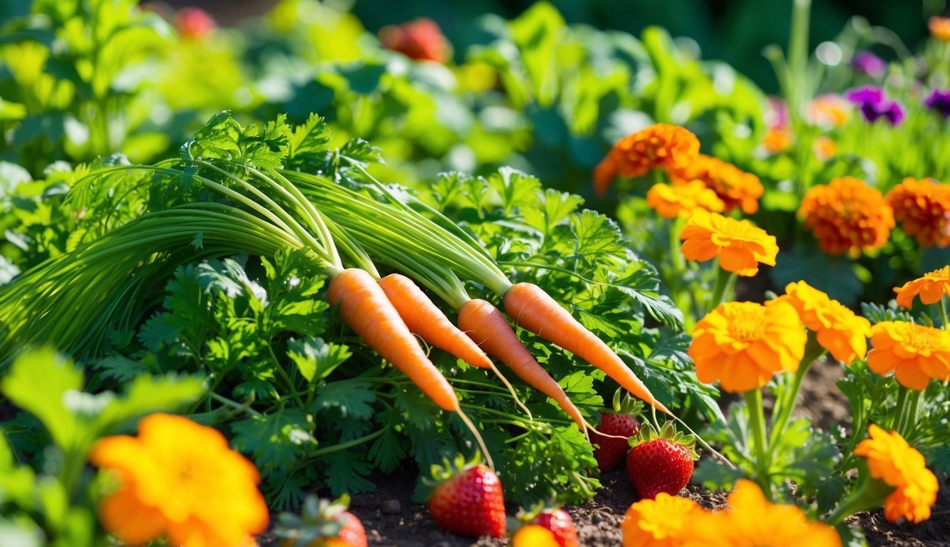 Freshly harvested carrots with green tops, strawberries, and orange flowers