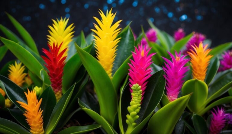 Colorful bromeliad flowers in shades of yellow, red, pink, and orange with green leaves