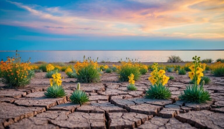 Cracked earth with yellow flowers, lake, and colorful sunset sky