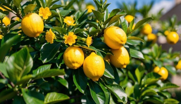 Lemon tree with ripe lemons, green leaves, and yellow flowers