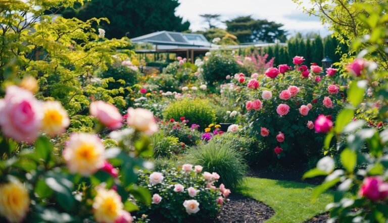 A vibrant garden filled with colorful roses and other flowering plants