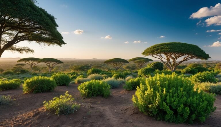 African savanna landscape with umbrella trees, bushes, and blue sky