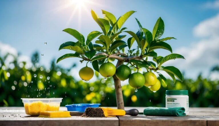 Lime tree with limes, gardening tools, and fertilizer on a wooden table