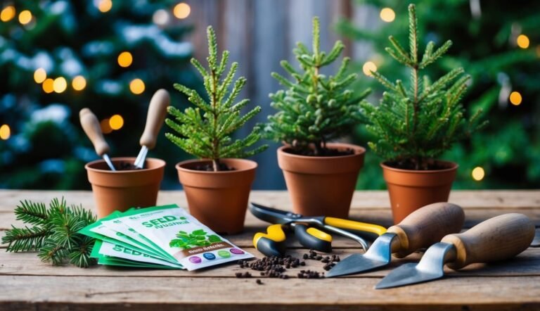 Potted miniature Christmas trees with gardening tools and seed packets on wood
