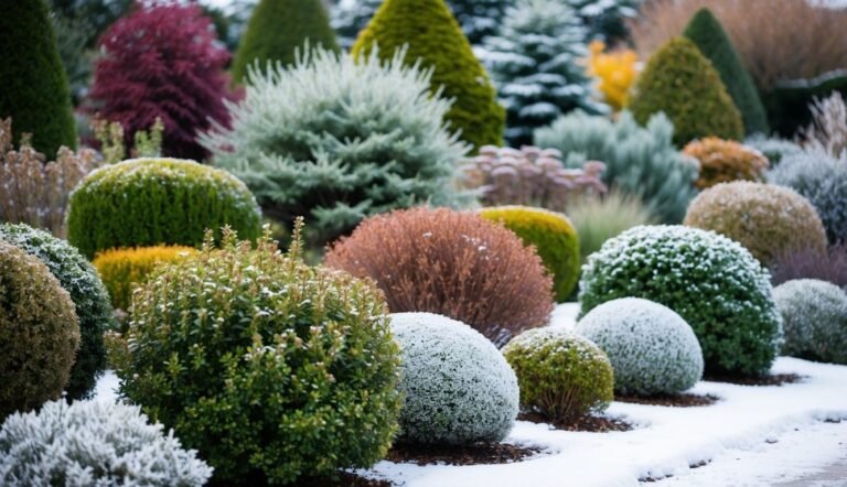 Winter garden with various shrubs and bushes covered in snow