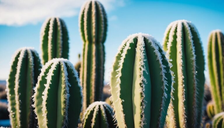 Cacti with frost on top against a blue sky