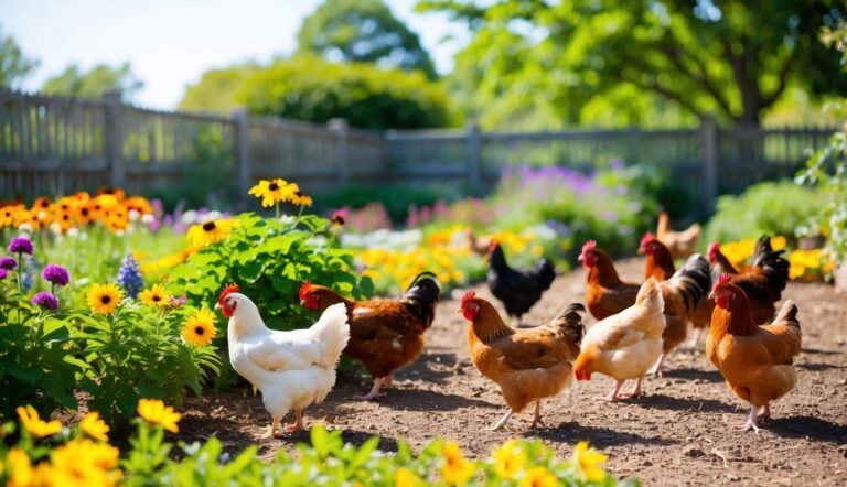 Chickens in a colorful flower garden, with a wooden fence in the background