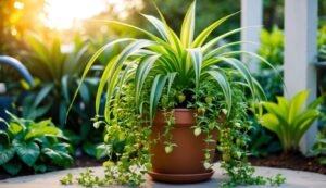 Potted plant with long green and white leaves, surrounded by other greenery