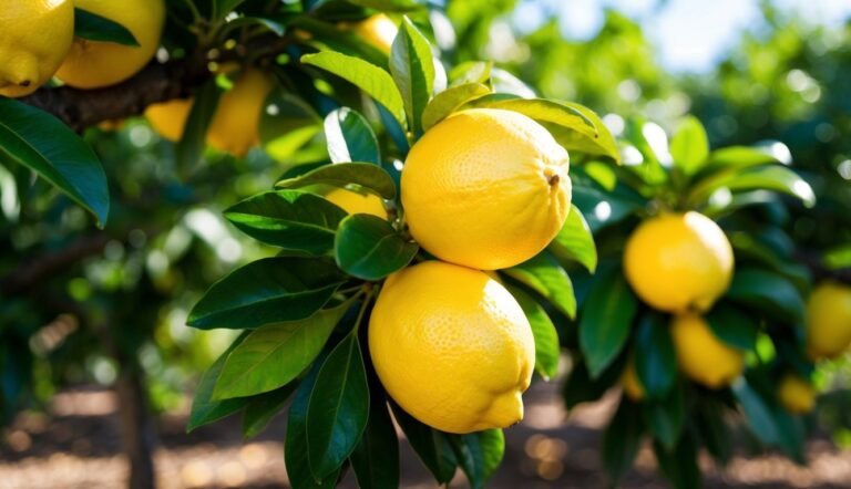 Lemons growing on a tree branch, surrounded by green leaves, sunlight