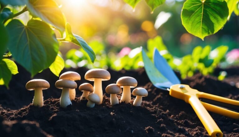 Mushrooms growing in soil with gardening shears and green leaves