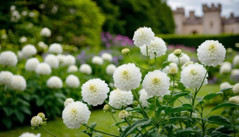 White globe flowers in a garden with a castle in the background