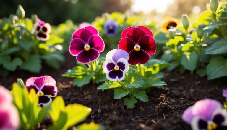 Close-up of colorful pansies growing in a garden bed, illuminated by sunlight