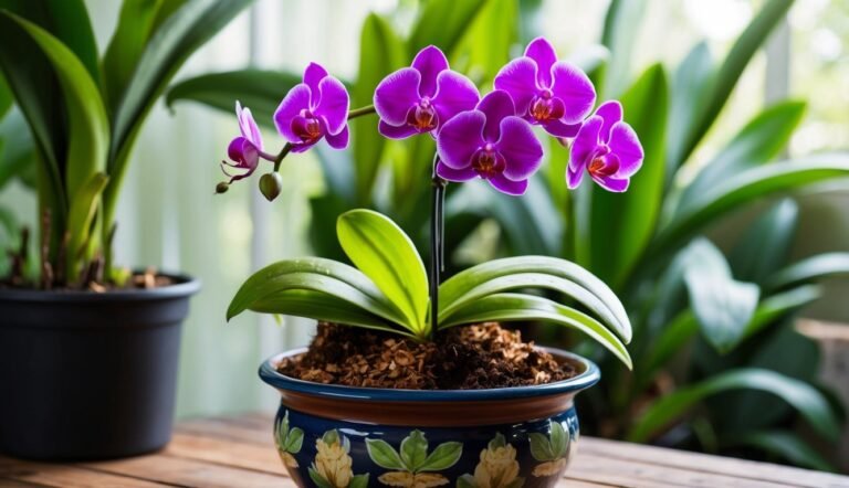 Purple orchid plant in a decorative pot on a wooden table