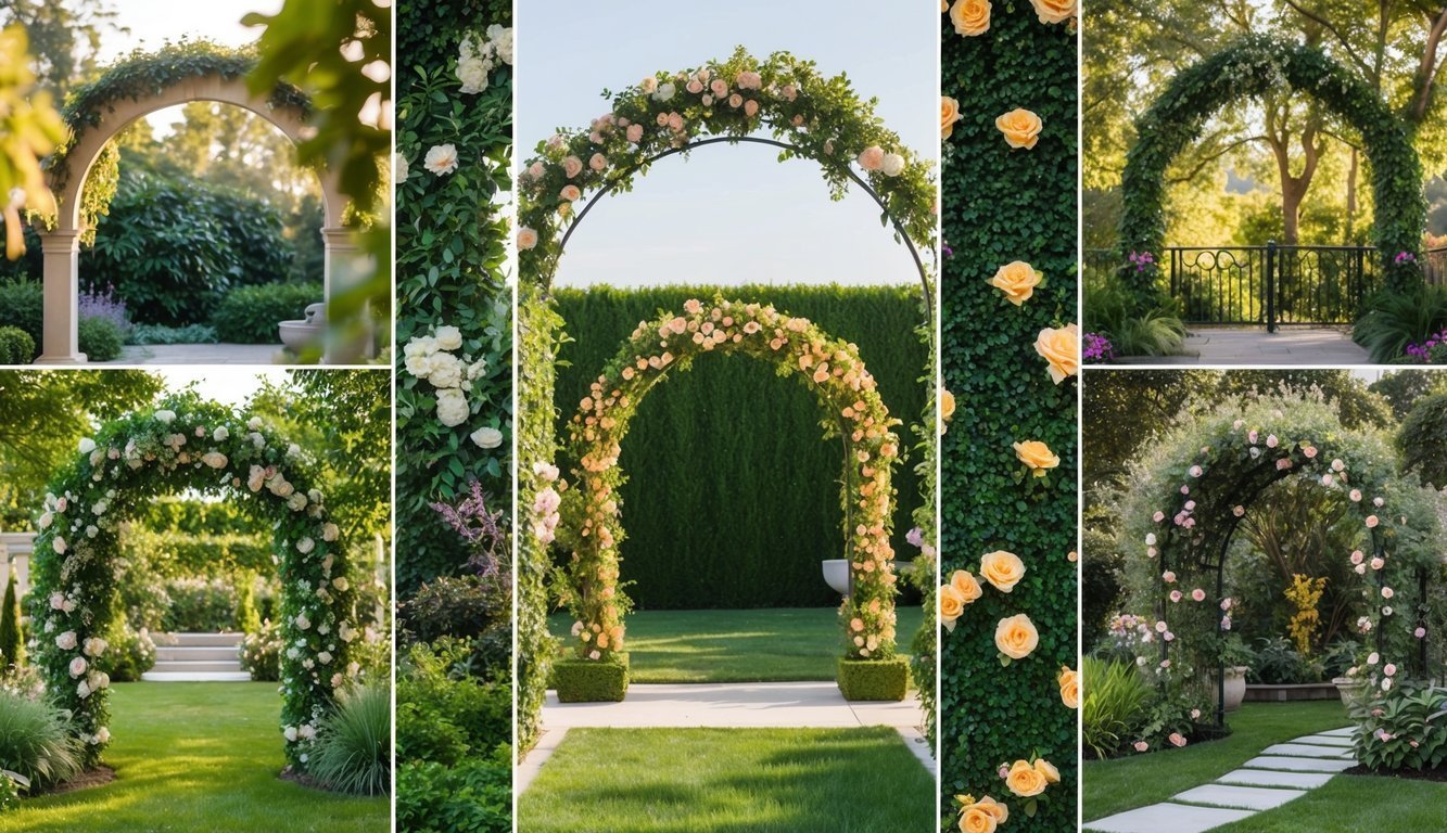 Collage of floral archways with roses and greenery in various garden settings