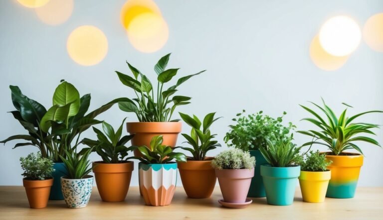 Various potted plants in colorful pots on a wooden surface