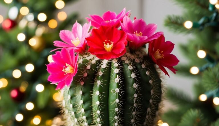 Cactus with bright pink and red flowers, Christmas tree in background with lights