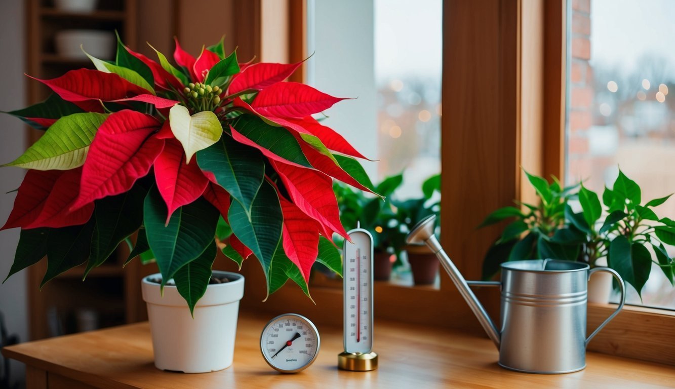 Poinsettia plant with red and green leaves, thermometer, and watering can