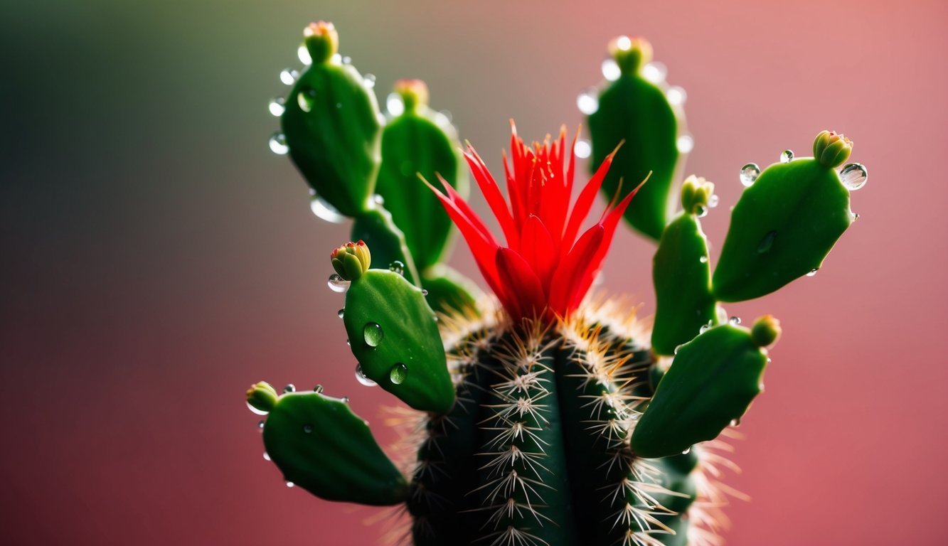 Cactus with red flower, green pads, and water droplets against a pink background