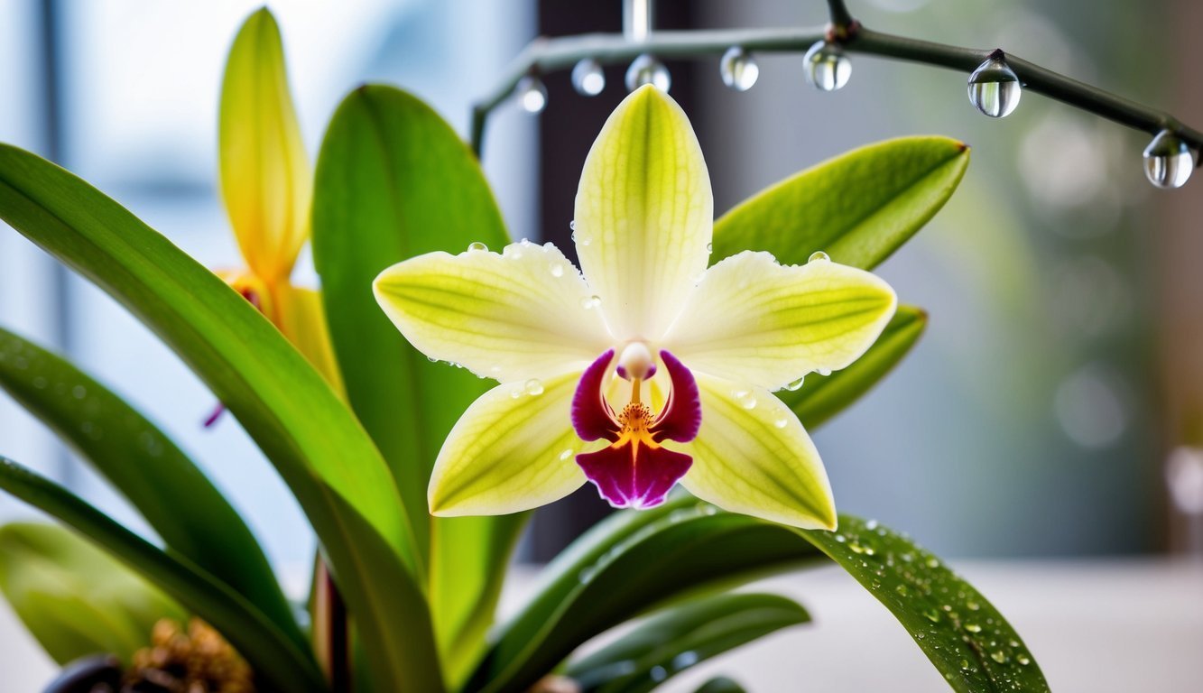 Close-up of a beautiful orchid flower with water droplets on petals