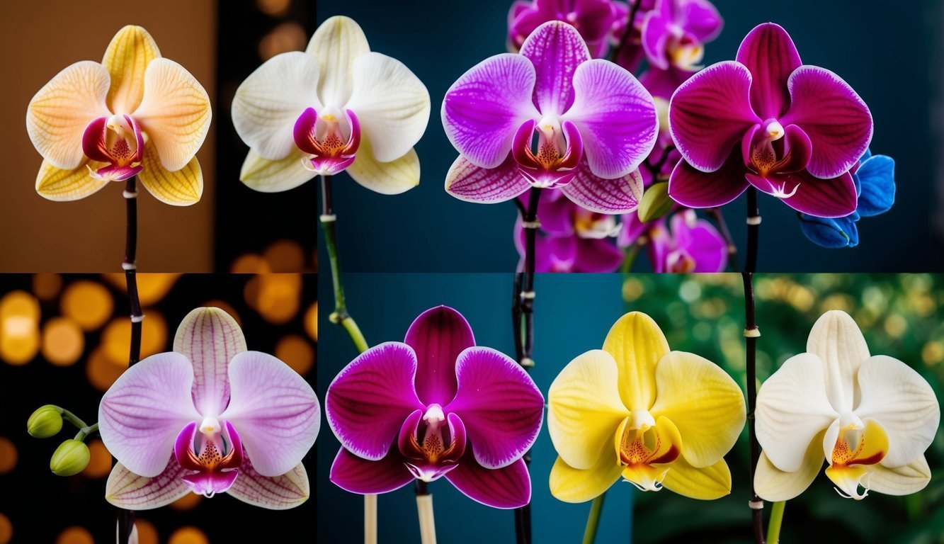 Collage of colorful orchid flowers in various shades and backgrounds