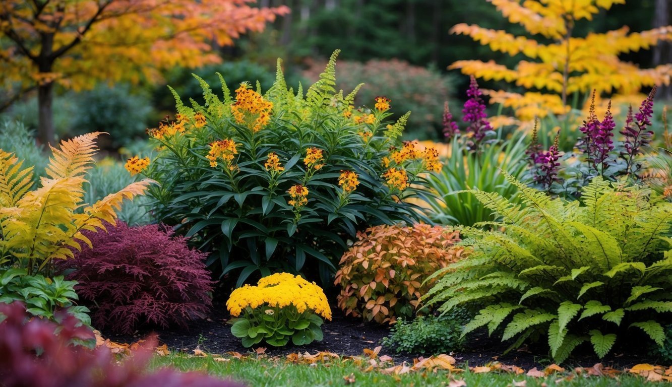 Colorful garden bed with various plants and trees in autumn colors
