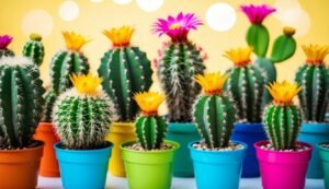 Colorful potted cacti with yellow and pink flowers against a yellow background