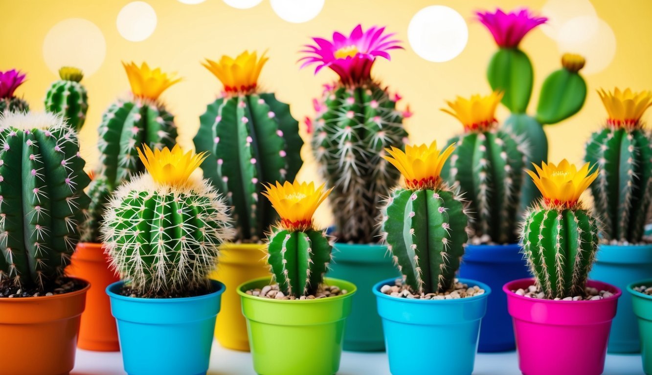 Colorful potted cacti with yellow and pink flowers against a yellow background