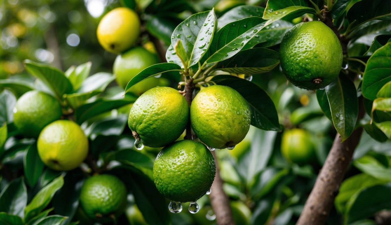 Green limes on a tree branch with water droplets and green leaves