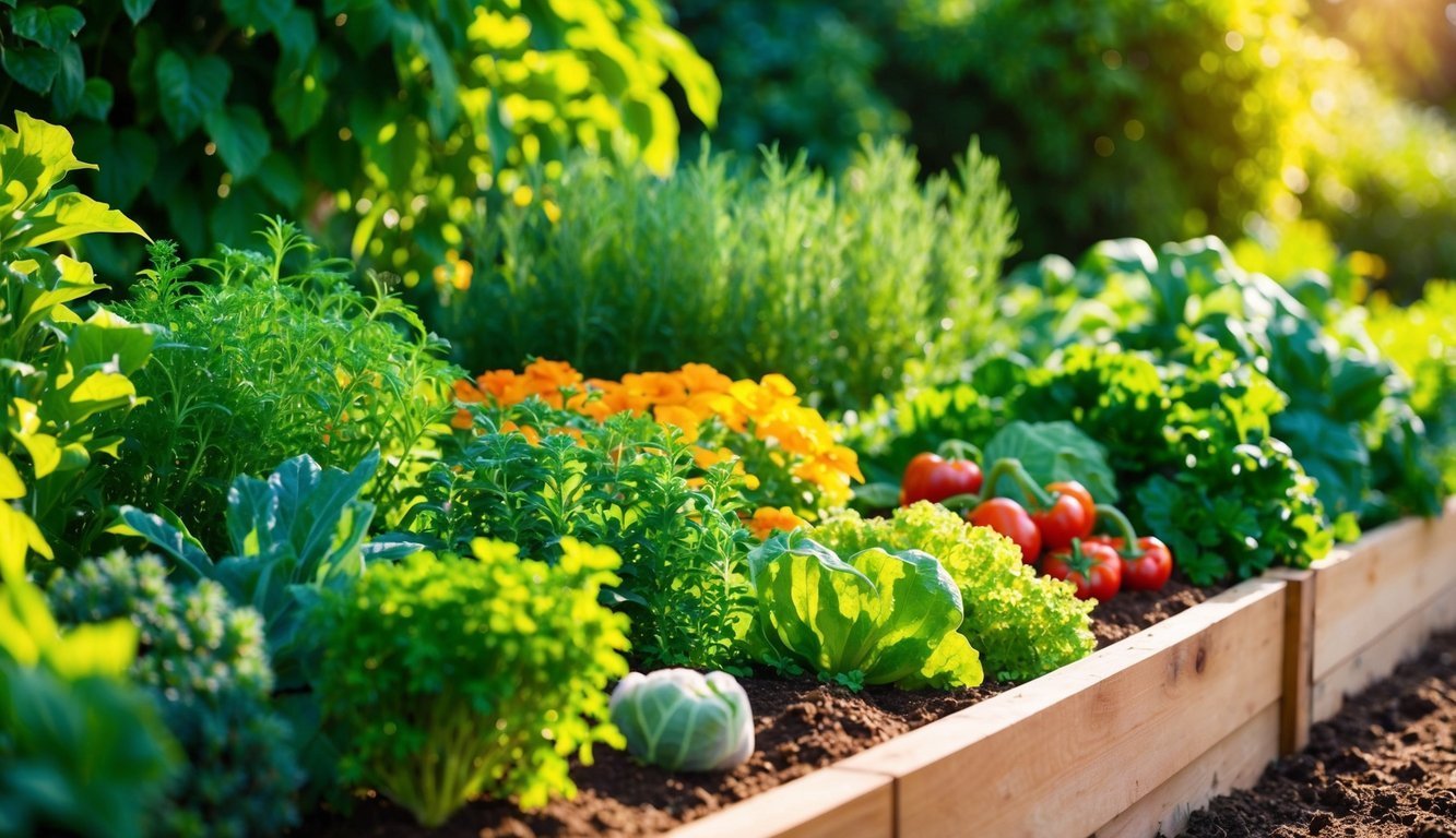 Vegetable garden with tomatoes, lettuce, and flowers growing in a wooden bed