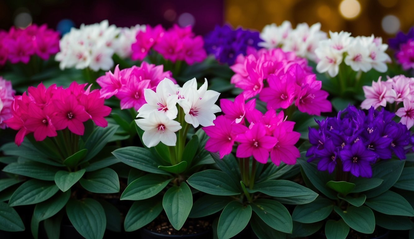 Rows of colorful flowers in shades of pink, white, and purple