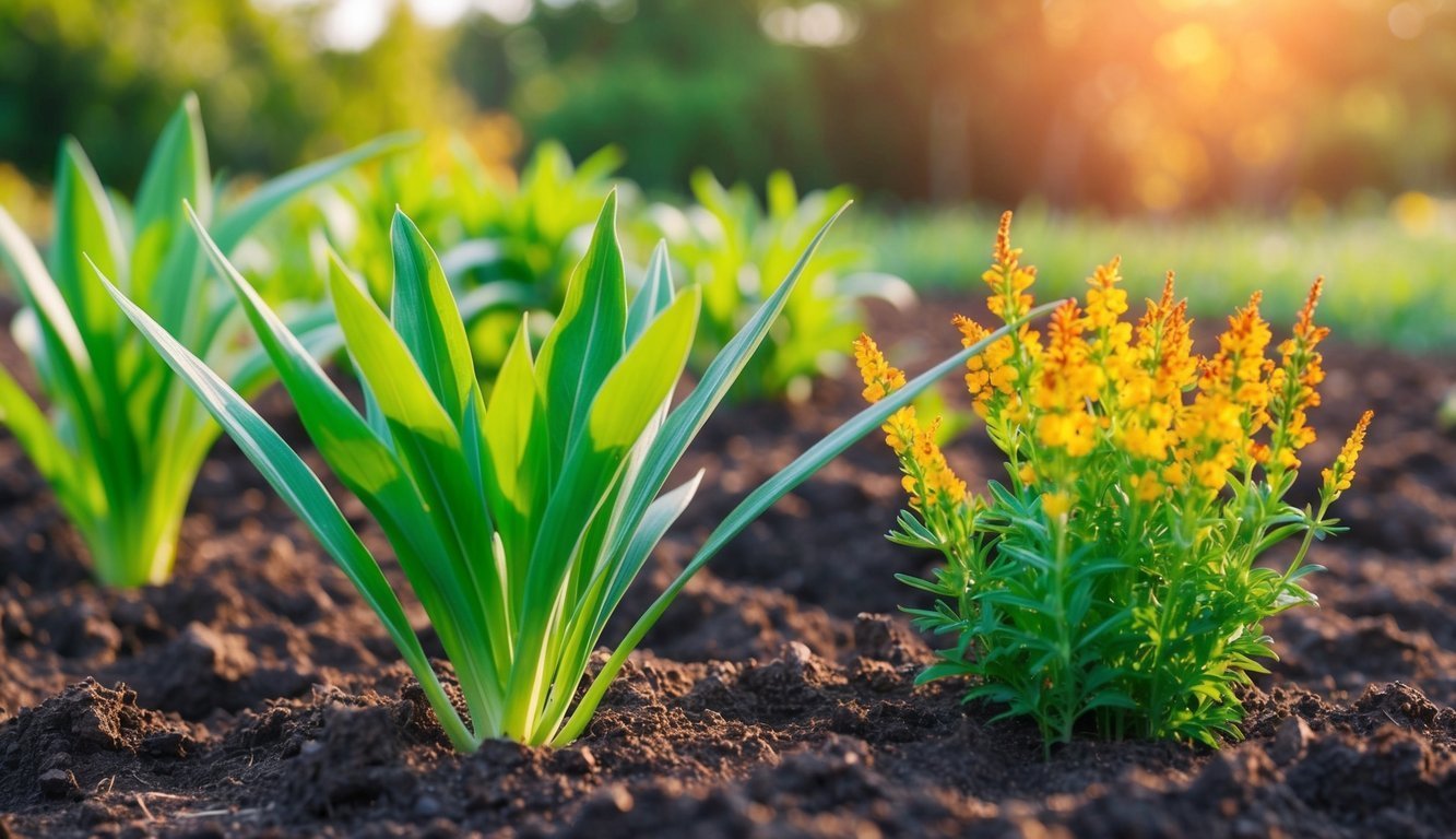 Close-up of garden bed with green plants and yellow flowers