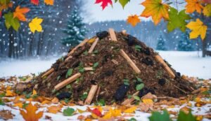 Compost pile with wooden planks, surrounded by colorful autumn leaves and snow