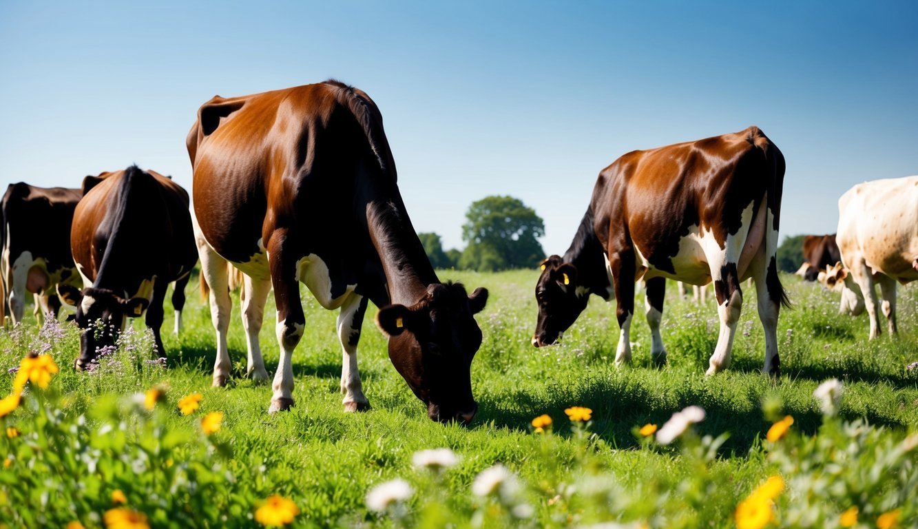 Cows grazing in a green field with wildflowers under a clear blue sky