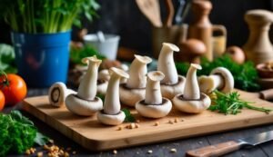 Mushrooms with stems on a wooden cutting board with other ingredients