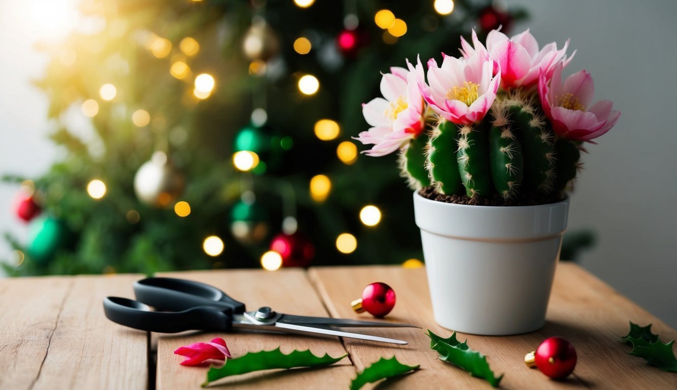 Cactus with pink flowers, scissors, and Christmas ornaments on a wooden table