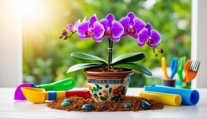 Purple orchid in a decorative pot with gardening tools on a white table