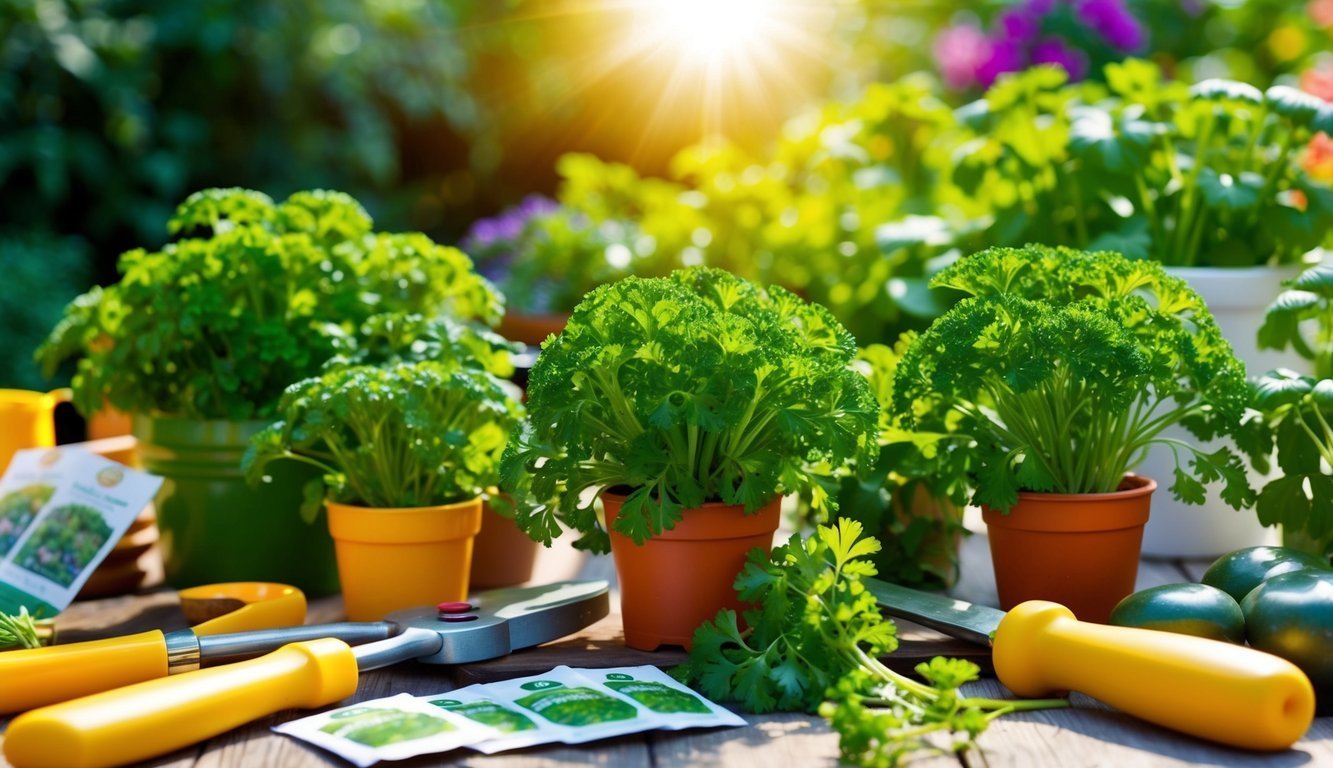 Potted parsley plants with gardening tools on a wooden table, bright sunlight