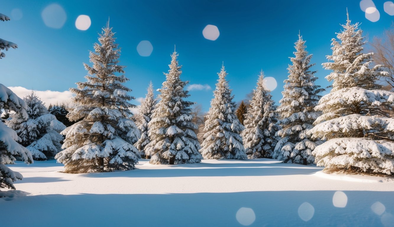 Snow-covered evergreen trees in a winter landscape with a bright blue sky